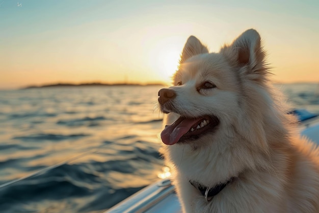 Closeup of a Happy White Fluffy Dog Enjoying a Sunny Boat Ride at Sunset with Scenic Ocean View