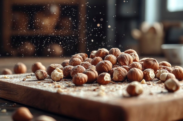 Photo closeup of hazelnuts in a rustic kitchen setting