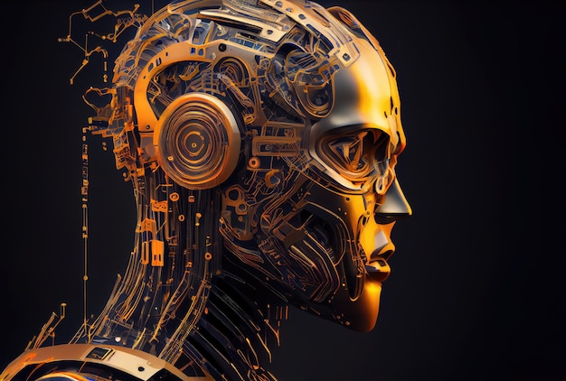 Closeup head shot of golden metallic humanoid robot on isolated dark black background Technology and innovative concept Digital art illustration Generative AI