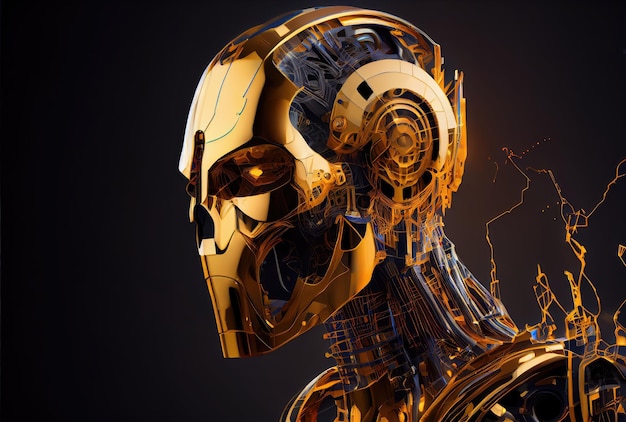 Closeup head shot of golden metallic humanoid robot on isolated dark black background Technology and innovative concept Digital art illustration Generative AI