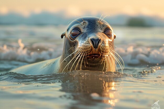 A closeup of the head and shoulders above water with an american seals face visible in calm waters