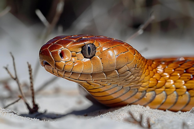 Closeup of the head of a snake on the sand