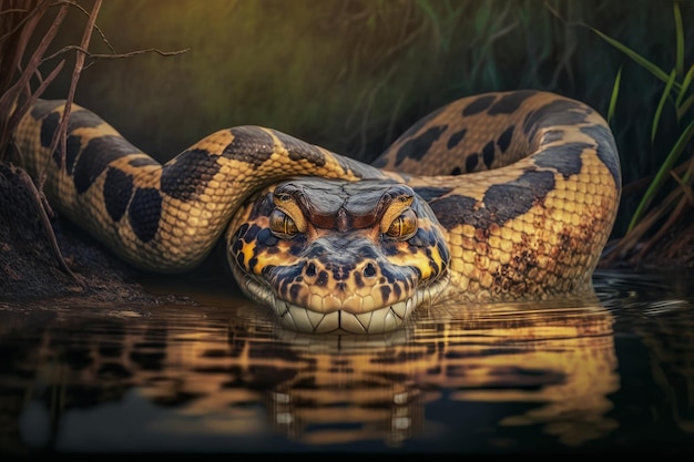 Closeup of the head of a snake in the water Generative AI