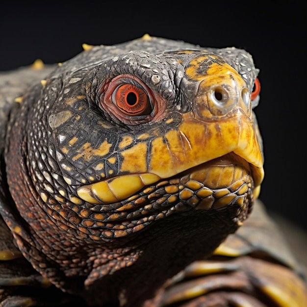 Closeup of the head of a turtle on a black background