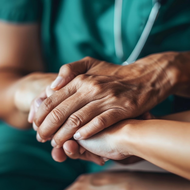 Photo closeup of a healthcare professional holding a patients hand symbolizing compassion and support in a medical setting