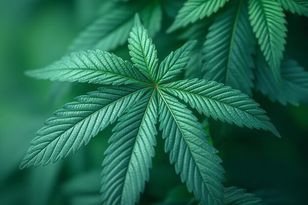 Photo a closeup of a healthy cannabis leaf with detailed veins isolated on a soft pastel green background