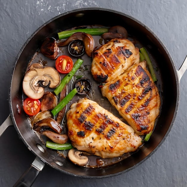 Closeup of healthy home cooked food grilled chicken in a skillet with green vegetable