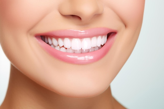 Closeup healthy white teeth and pink gum of a woman Dental care and teeth whitening concept Oral