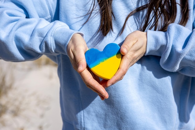 Closeup heart in the color of the flag of ukraine in female hands