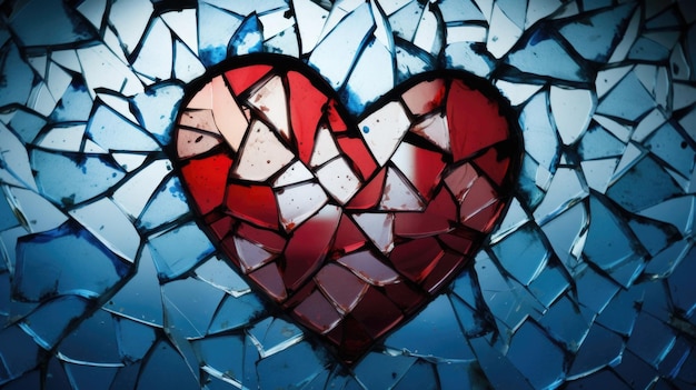 A closeup of a heartshaped stained glass window with shattered pieces of glass representing the