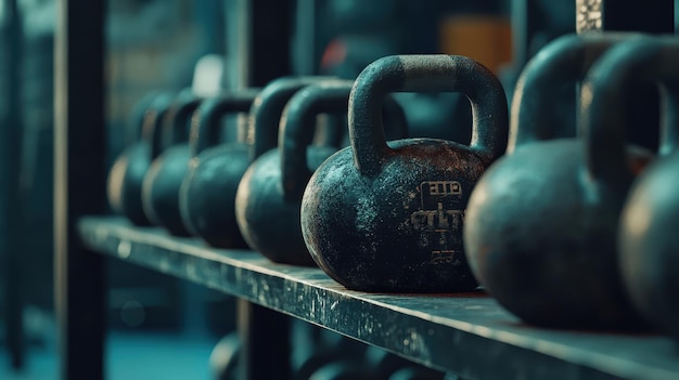 Photo closeup of heavy kettlebells on a rack in a gym with a focus on strength training equipment