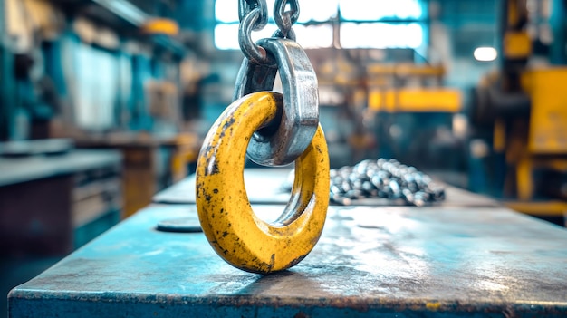 Photo closeup of heavy lifting equipment showcasing a yellow hook and chain on a metal table highlighting the workshops industrial atmosphere