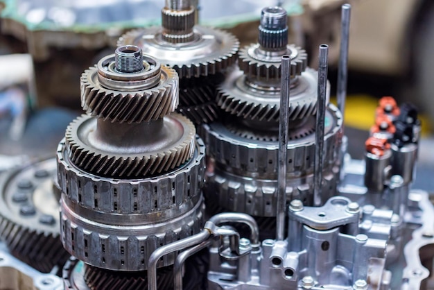 Closeup helical gears in car automatic transmission