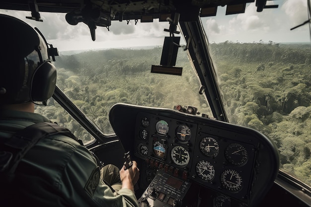 Closeup of helicopter cockpit with pilot at the controls and jungle visible beyond created with generative ai