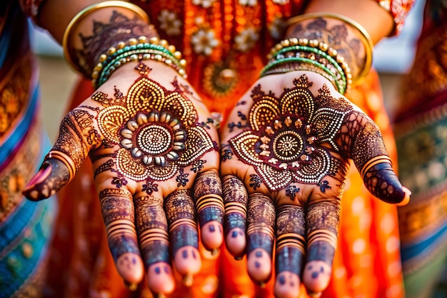 A closeup of henna designs on hands for Dhanteras