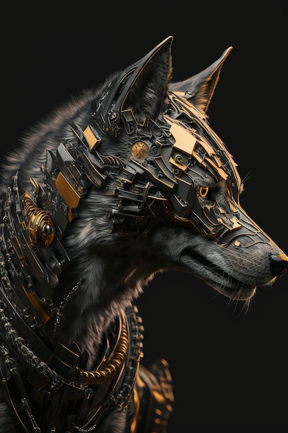 Closeup of a high-tech wolf robot in black and gold, generative ai