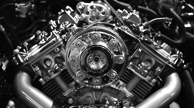 CloseUp of a HighPerformance Engine with Intricate Mechanical Details in Monochrome