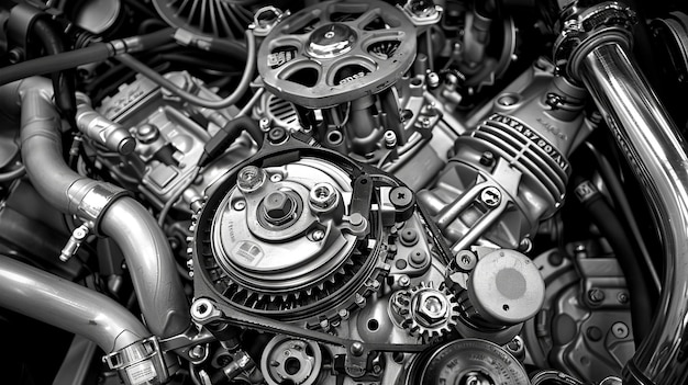 CloseUp of a HighPerformance Engine with Intricate Mechanical Details in Monochrome