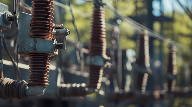 Closeup of highvoltage insulators and power lines emphasizing infrastructure and maintenance