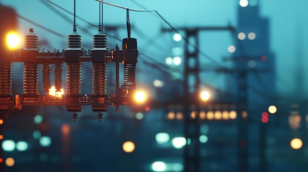 Photo a closeup of highvoltage power lines with insulators