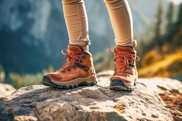 A closeup of a hiker's boots as they prepare to set off on a scenic autumn trek capturing the anticipation and excitement of an outdoor adventure