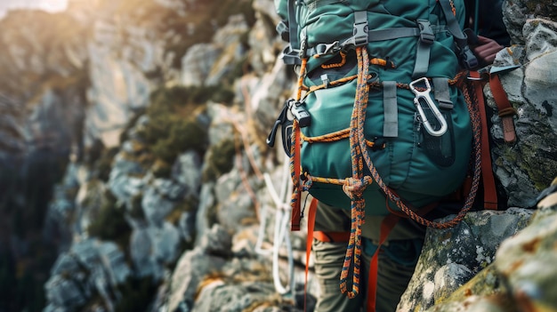 A closeup of a hikers backpack with a carabiner and rope set against a rocky landscape practical