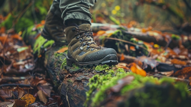 A closeup of a hikers boot stepping over a fallen log moss