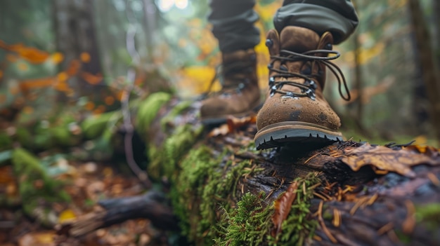 A closeup of a hikers boot stepping over a fallen log moss