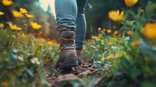 Closeup of hikers boots walking along a trail filled with yellow flowers highlighting the beauty of nature and adventure