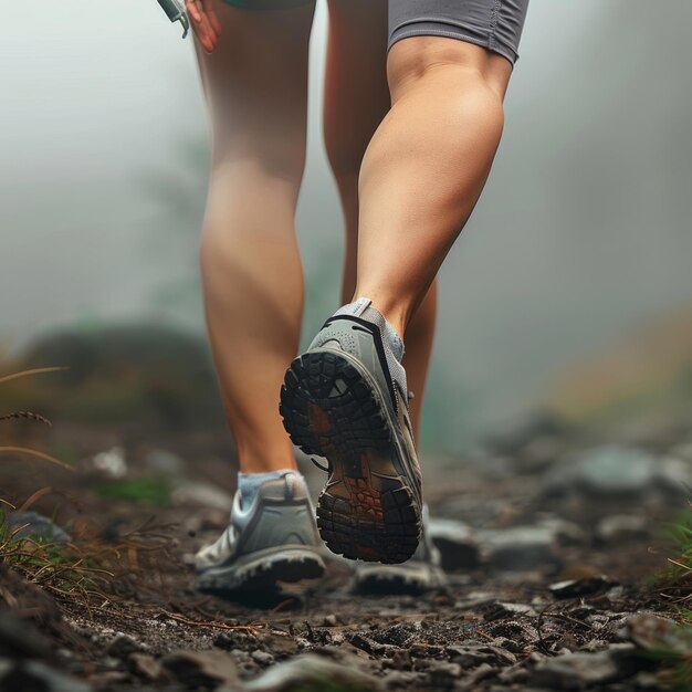 Closeup of hikers feet on a rocky trail