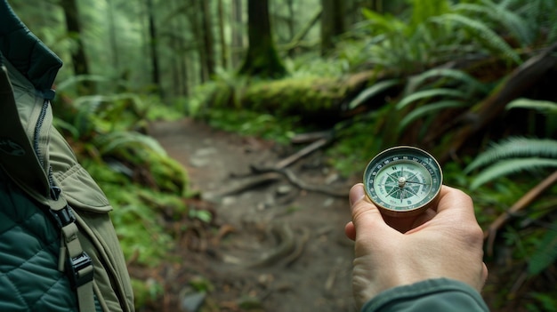 A closeup of a hikers hand holding a compass forest trail