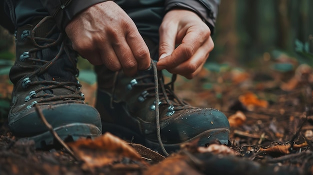 A closeup of a hikers hands tying bootlaces dirt