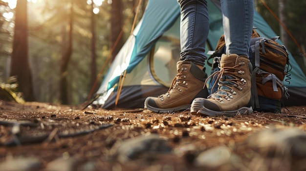 A closeup of hiking boots and a backpack outside a tent forest floor with pine needles practical and readyforadventure mood detailed photography