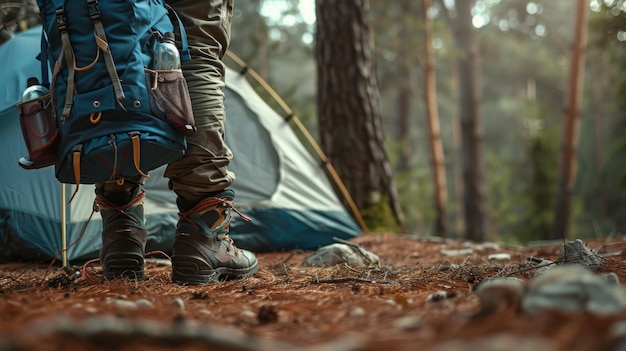 A closeup of hiking boots and a backpack outside a tent forest floor