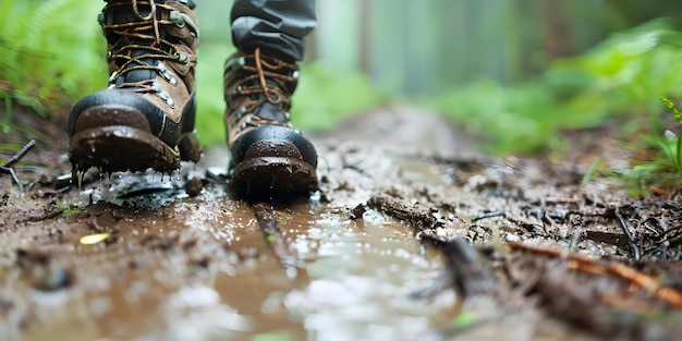 Closeup of hiking boots on a muddy forest trail on a rainy day Concept Outdoor Photography Hiking Gear Nature Trail Rainy Day Closeup Shot