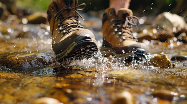 A closeup of hiking boots stepping through a shallow stream wate