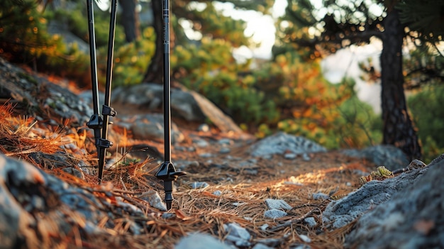 A closeup of hiking poles stuck into the ground beside a trail pine needles