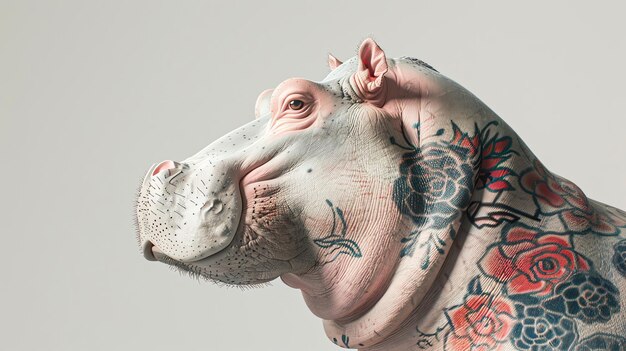 A closeup of a hippopotamus with a colorful tattoo