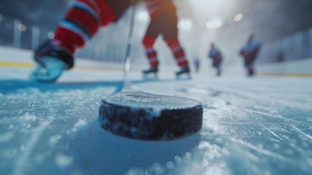 Photo closeup of a hockey puck on ice with players in the background capturing the action and intensity of