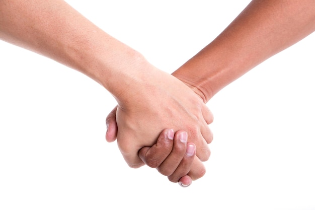 Closeup hold hands on a white background.