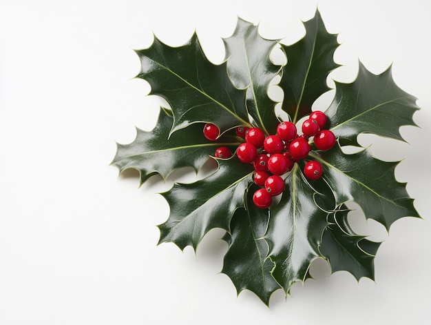 Photo closeup of holly leaves with red berries on a white background