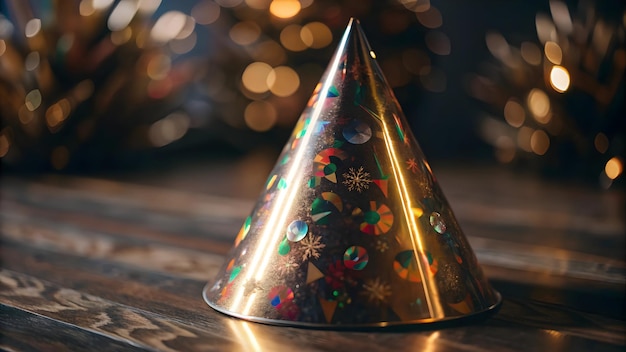 CloseUp of Holographic Party Hat Macro Shot Capturing Vibrant Colors and Shiny Surface for Festive