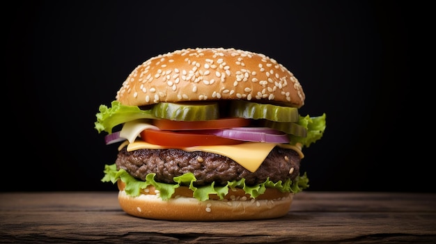 Closeup home made beef burger on wooden table 3D