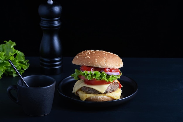 Closeup home made beef burger on wooden table