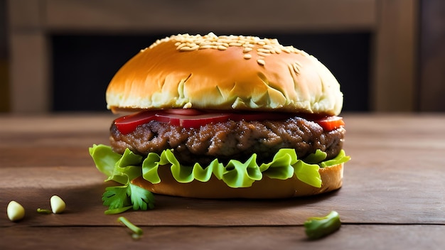 Closeup home made beef burger on wooden table