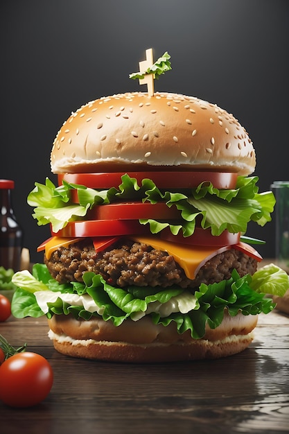 Closeup home made beef burger on wooden table