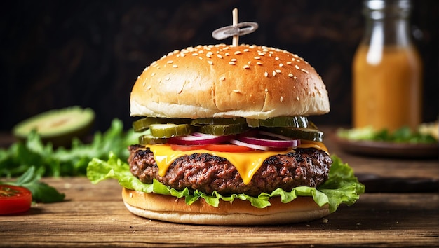 Closeup home made single beef burger on wooden table