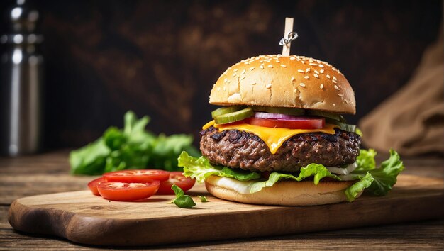 Closeup home made single beef burger on wooden table