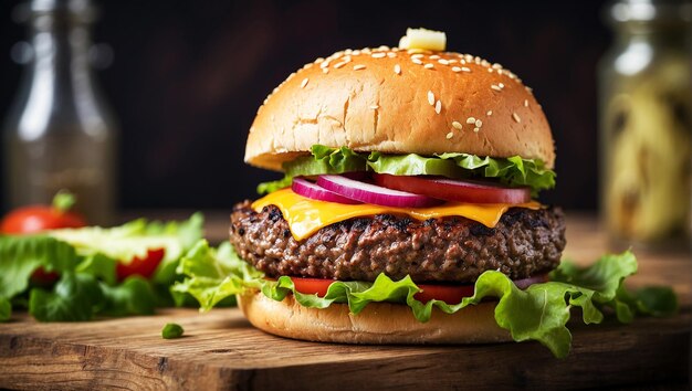 Closeup home made single beef burger on wooden table