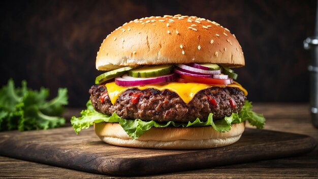 Closeup home made single beef burger on wooden table